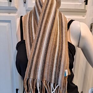 Paris Accessories Elegant Striped Scarf in Brown, Tan, and Cream With Fringe